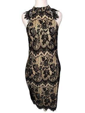 Southern Fried Chics, Black Lace Nude Bodycon Midi Dress Size M NWT